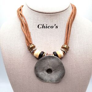 Chico's Suede Cord Silver Pendant Necklace, Neutral Beads, 20"